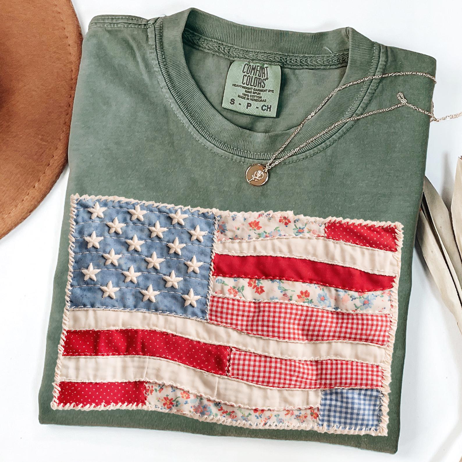 Comfort Colors® Faux Patchwork American Flag Shirt, 250th Years Patriotic Fourth Of July T-sshirt, Vintage Faux Quilted USA Graphic T-shirts