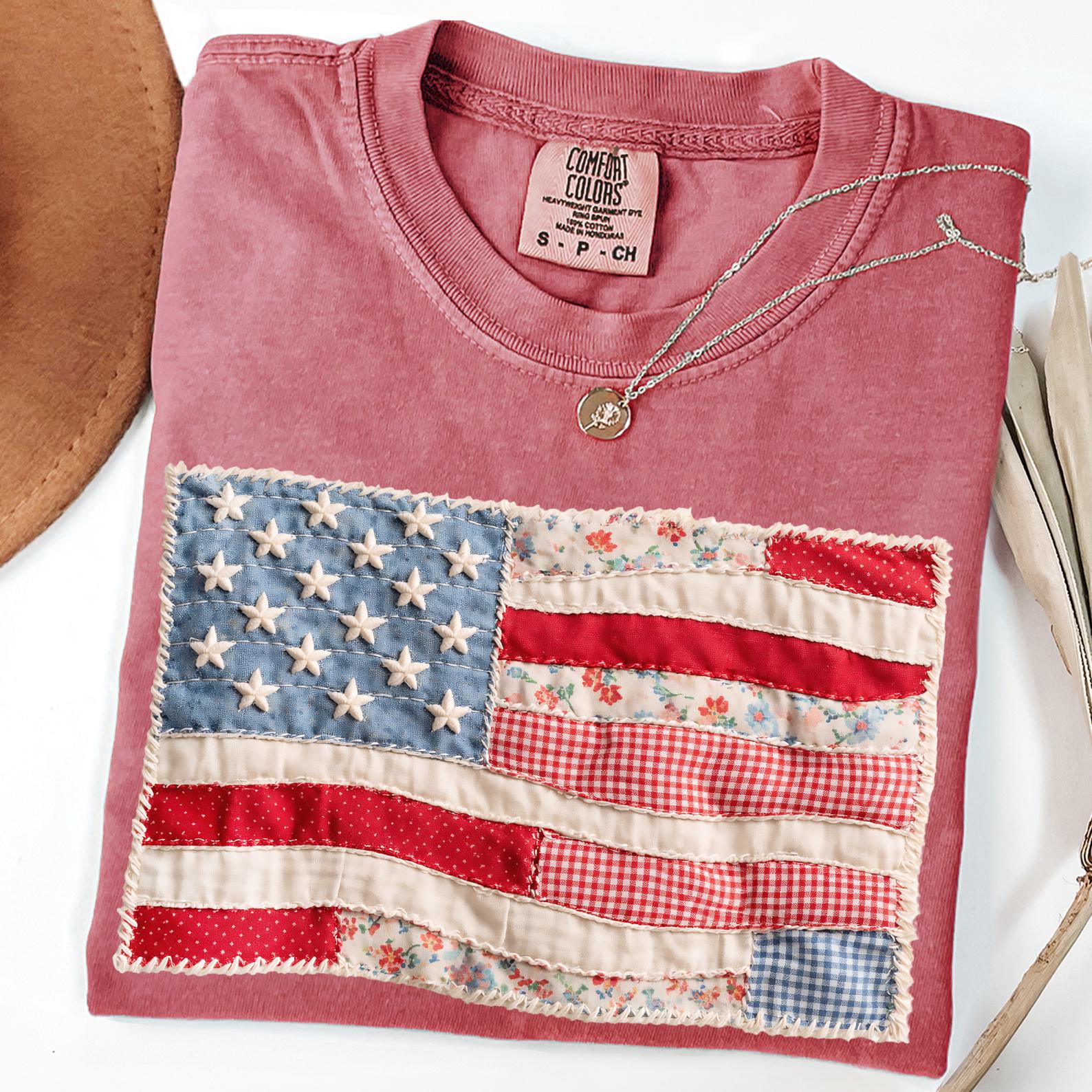 Comfort Colors® Faux Patchwork American Flag Shirt, 250th Years Patriotic Fourth Of July T-sshirt, Vintage Faux Quilted USA Graphic T-shirts