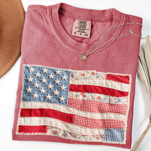 Comfort Colors® Faux Patchwork American Flag Shirt, 250th Years Patriotic Fourth Of July T-sshirt, Vintage Faux Quilted USA Graphic T-shirts