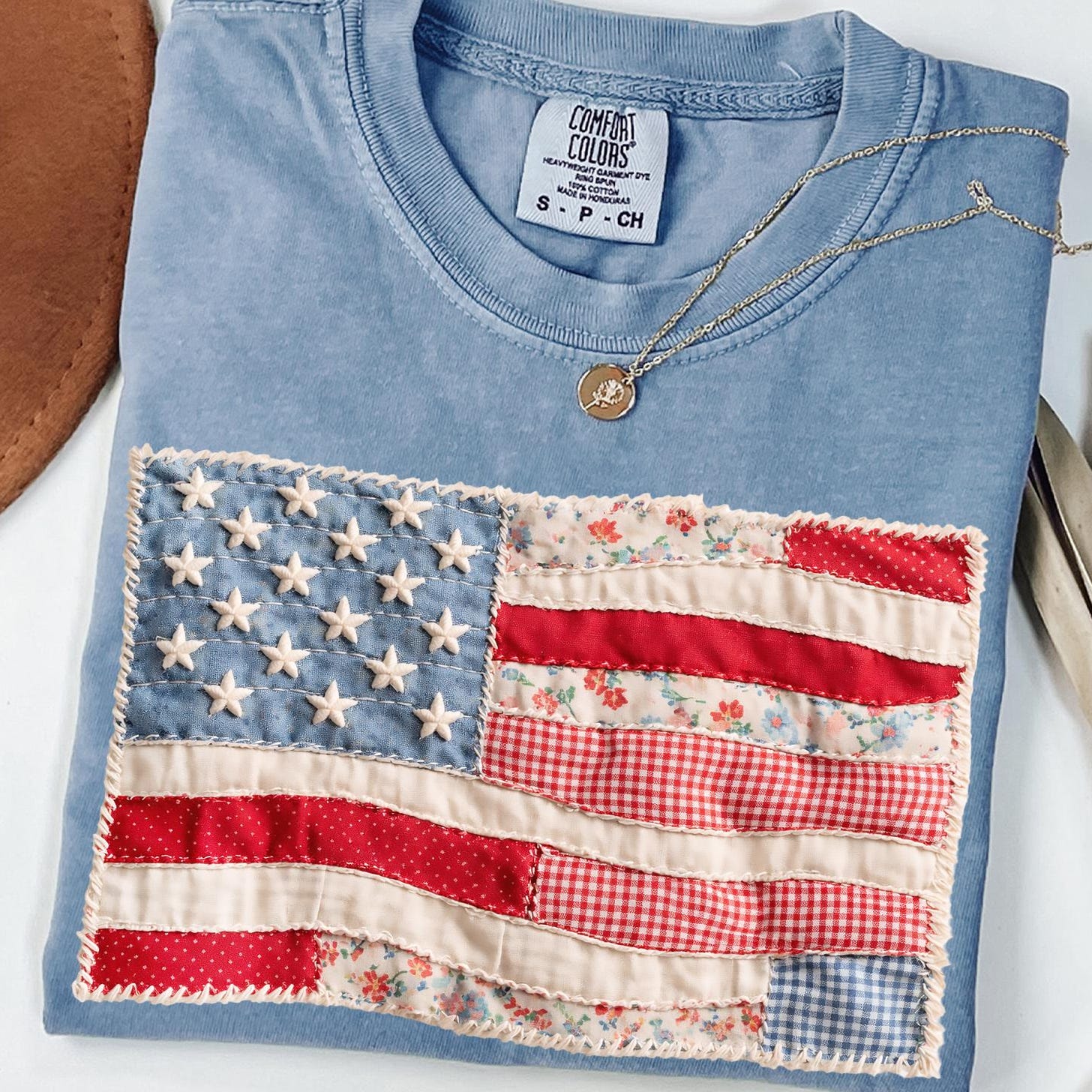 Comfort Colors® Faux Patchwork American Flag Shirt, 250th Years Patriotic Fourth Of July T-sshirt, Vintage Faux Quilted USA Graphic T-shirts