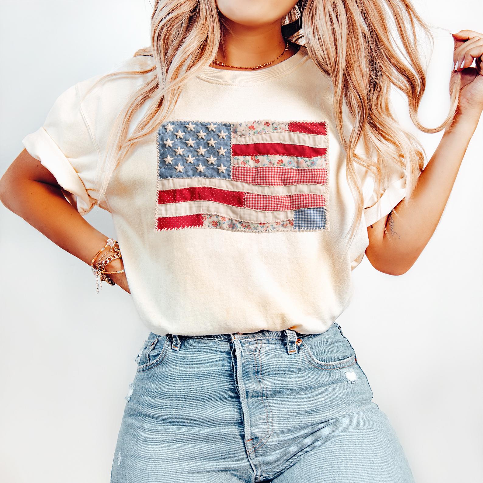 Comfort Colors® Faux Patchwork American Flag Shirt, 250th Years Patriotic Fourth Of July T-sshirt, Vintage Faux Quilted USA Graphic T-shirts