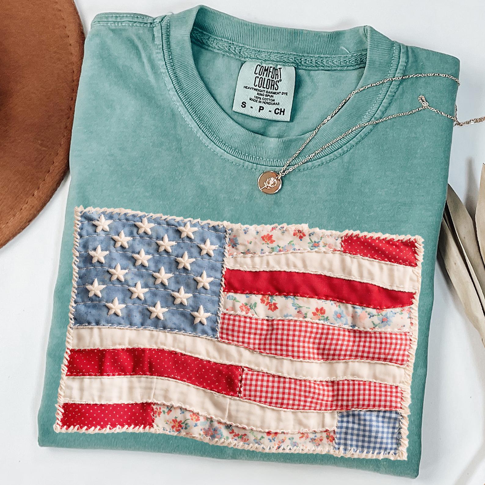 Comfort Colors® Faux Patchwork American Flag Shirt, 250th Years Patriotic Fourth Of July T-sshirt, Vintage Faux Quilted USA Graphic T-shirts